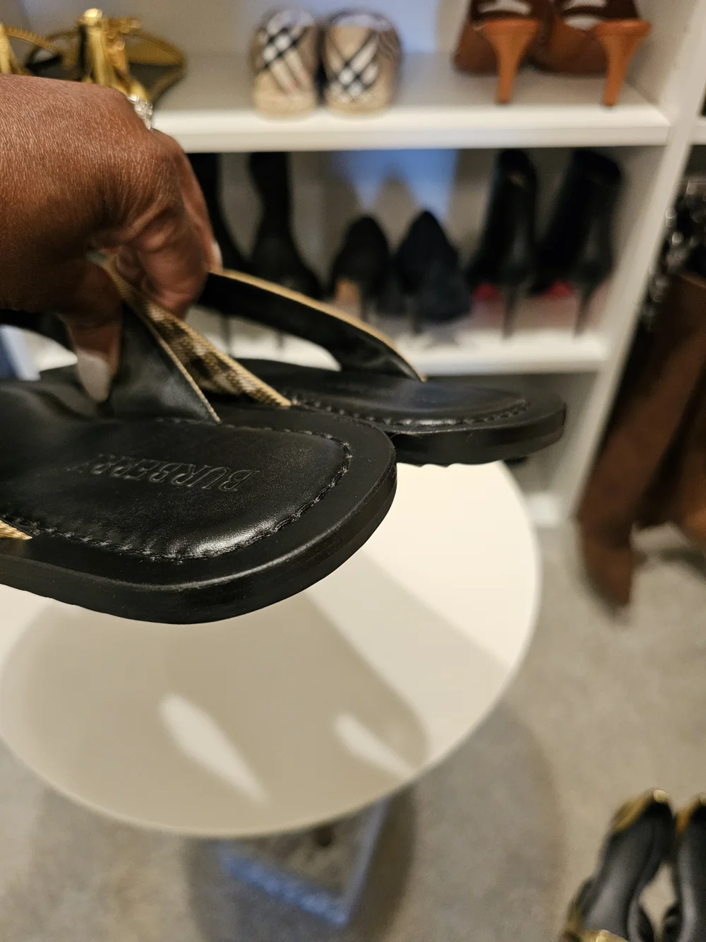 Burberry Black & Tan Plaid Thong Sandals